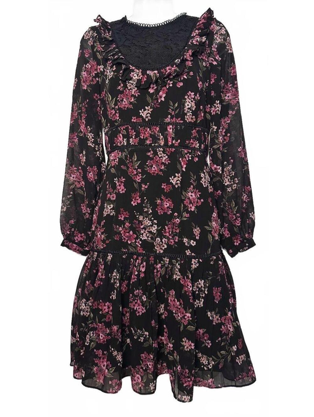 V by Very Black Floral Chiffon Ruffle Mini Dress UK Size 8 / US Size 4